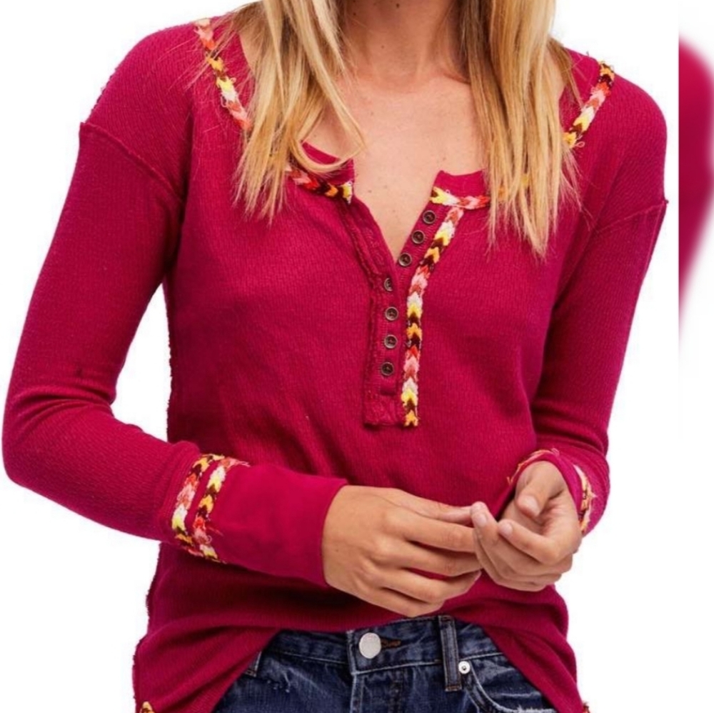 Free People "Rainbow" Embroidered Thermal Top - Picture 1 of 8